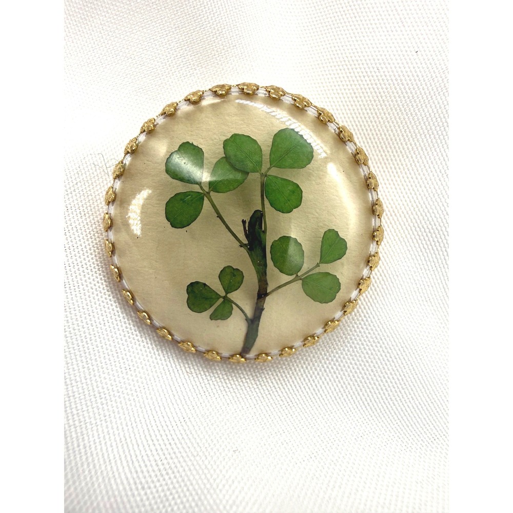 Vintage Pressed Leaf Botanical Clover Brooch Gold Lucky Pin Irish Gift Green Y2K